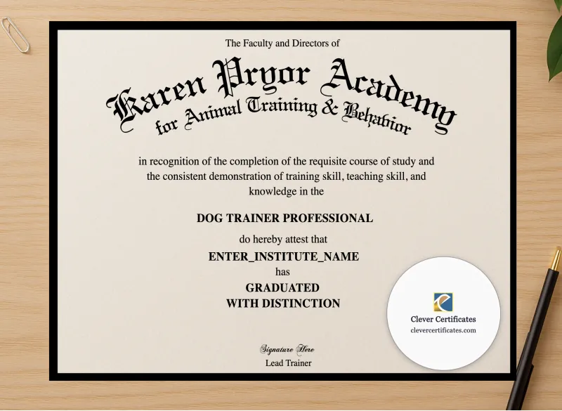 Professional preview of Animal Behavior Training Certificate certificate on high-quality stationery paper, ideal for showcasing the final look.