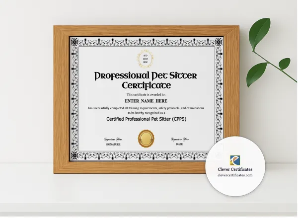 Realistic mockup featuring Professional Pet Sitter Certificate displayed within a modern frame, set against a minimalistic background.