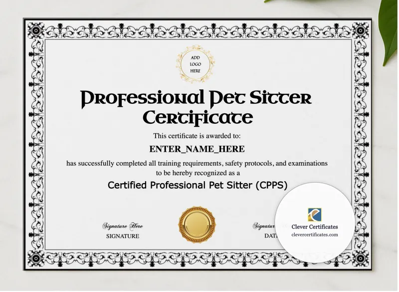 Professional Pet Sitter Certificate presented in a sleek wooden frame, elegantly arranged on a stylish table.