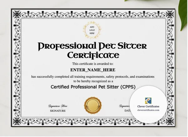 Professional Pet Sitter Certificate presented in a sleek wooden frame, elegantly arranged on a stylish table.