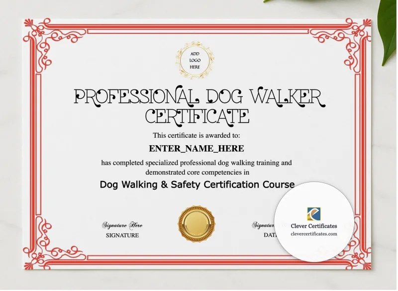 Dog Walker Certification Certificate presented in a sleek wooden frame, elegantly arranged on a stylish table.