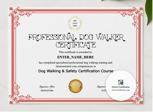 Dog Walker Certification Certificate presented in a sleek wooden frame, elegantly arranged on a stylish table.