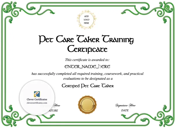 Free Pet Caretaker Training Certificate Template