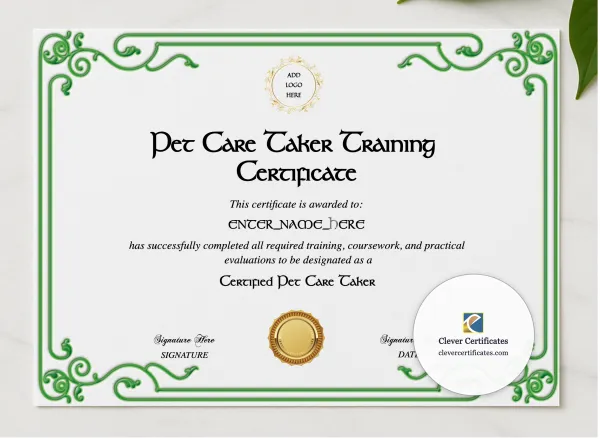 Pet Care Taker Training Certificate presented in a sleek wooden frame, elegantly arranged on a stylish table.