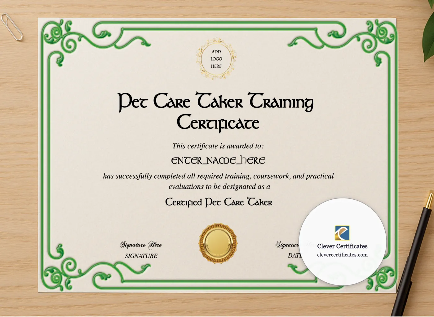 Professional preview of Pet Care Taker Training Certificate certificate on high-quality stationery paper, ideal for showcasing the final look.