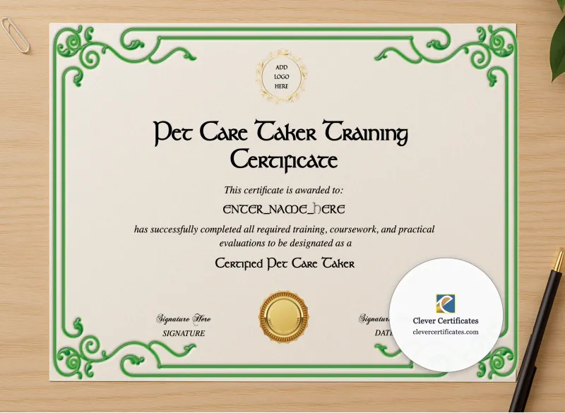 Professional preview of Pet Care Taker Training Certificate certificate on high-quality stationery paper, ideal for showcasing the final look.