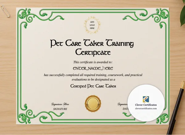 Professional preview of Pet Care Taker Training Certificate certificate on high-quality stationery paper, ideal for showcasing the final look.