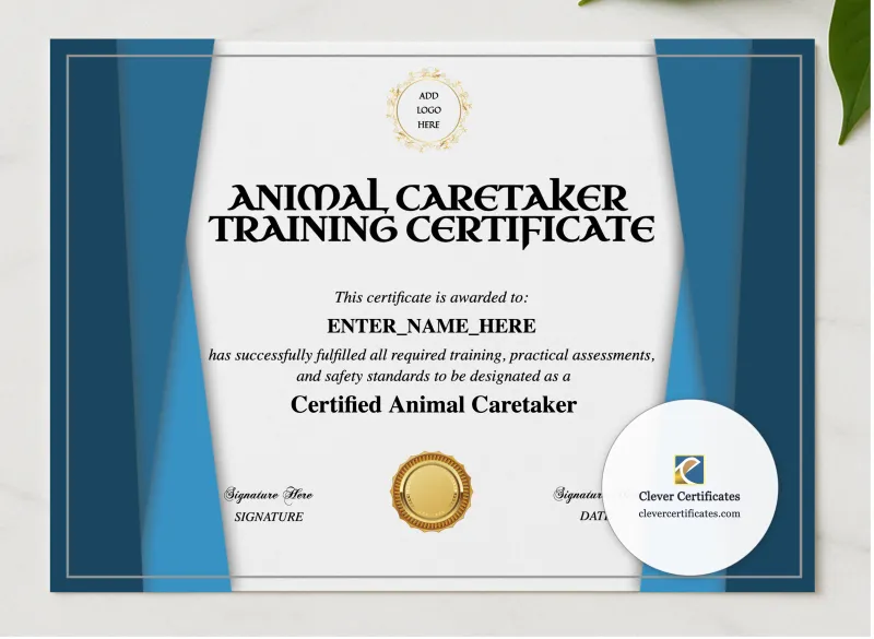 Animal Caretaker Certificate presented in a sleek wooden frame, elegantly arranged on a stylish table.