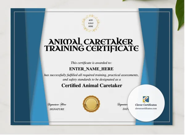 Animal Caretaker Certificate presented in a sleek wooden frame, elegantly arranged on a stylish table.