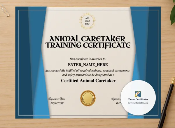 Professional preview of Animal Caretaker Certificate certificate on high-quality stationery paper, ideal for showcasing the final look.