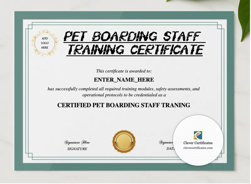 Pet Boarding Staff Certificate presented in a sleek wooden frame, elegantly arranged on a stylish table.