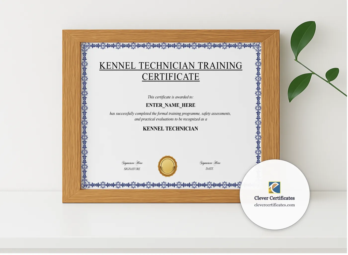 Realistic mockup featuring Kennel Technician Certificate displayed within a modern frame, set against a minimalistic background.