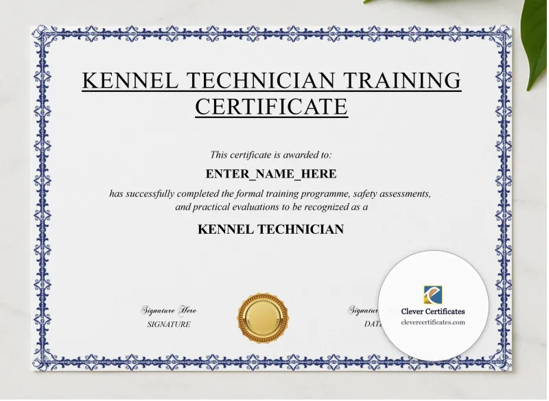 Kennel Technician Certificate presented in a sleek wooden frame, elegantly arranged on a stylish table.
