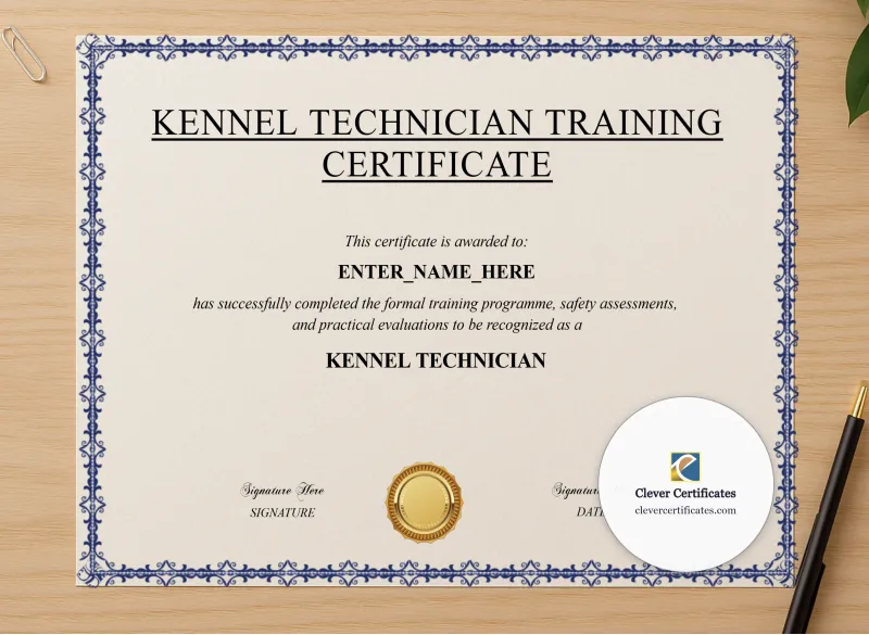 Professional preview of Kennel Technician Certificate certificate on high-quality stationery paper, ideal for showcasing the final look.