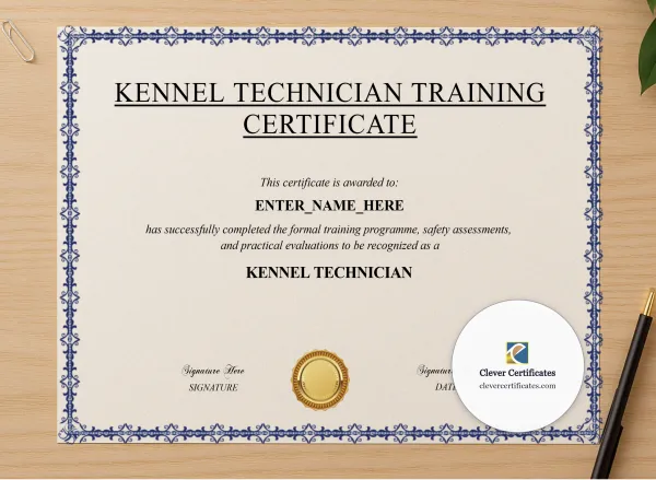 Professional preview of Kennel Technician Certificate certificate on high-quality stationery paper, ideal for showcasing the final look.