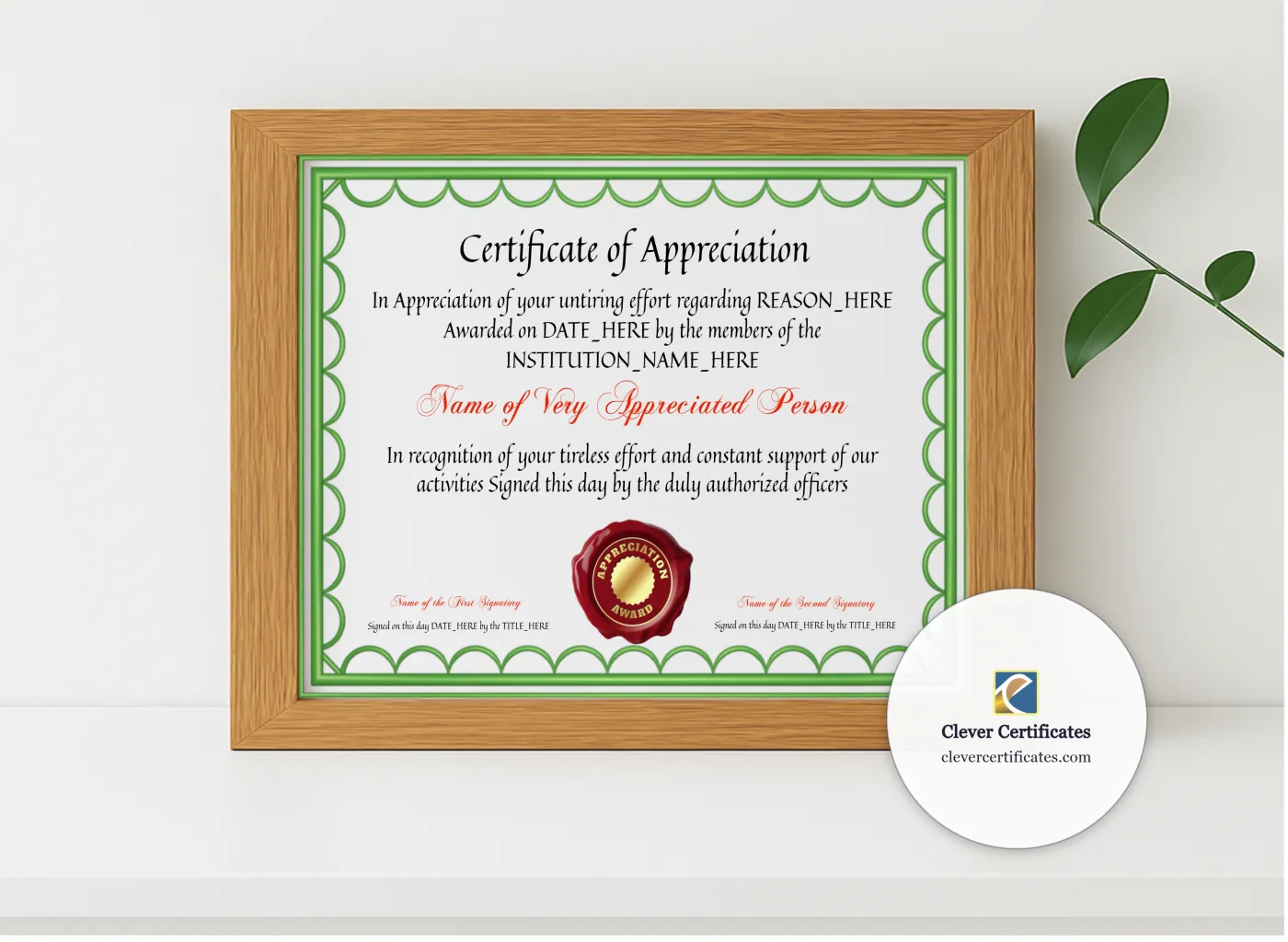 Realistic mockup featuring Certificate Of Appreciation 3 displayed within a modern frame, set against a minimalistic background.