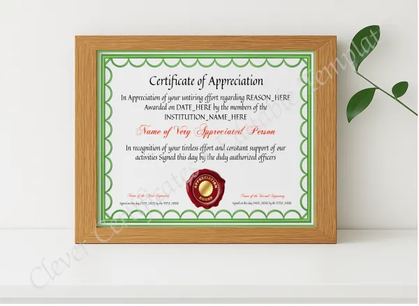 Realistic mockup featuring Certificate Of Appreciation 3 displayed within a modern frame, set against a minimalistic background.