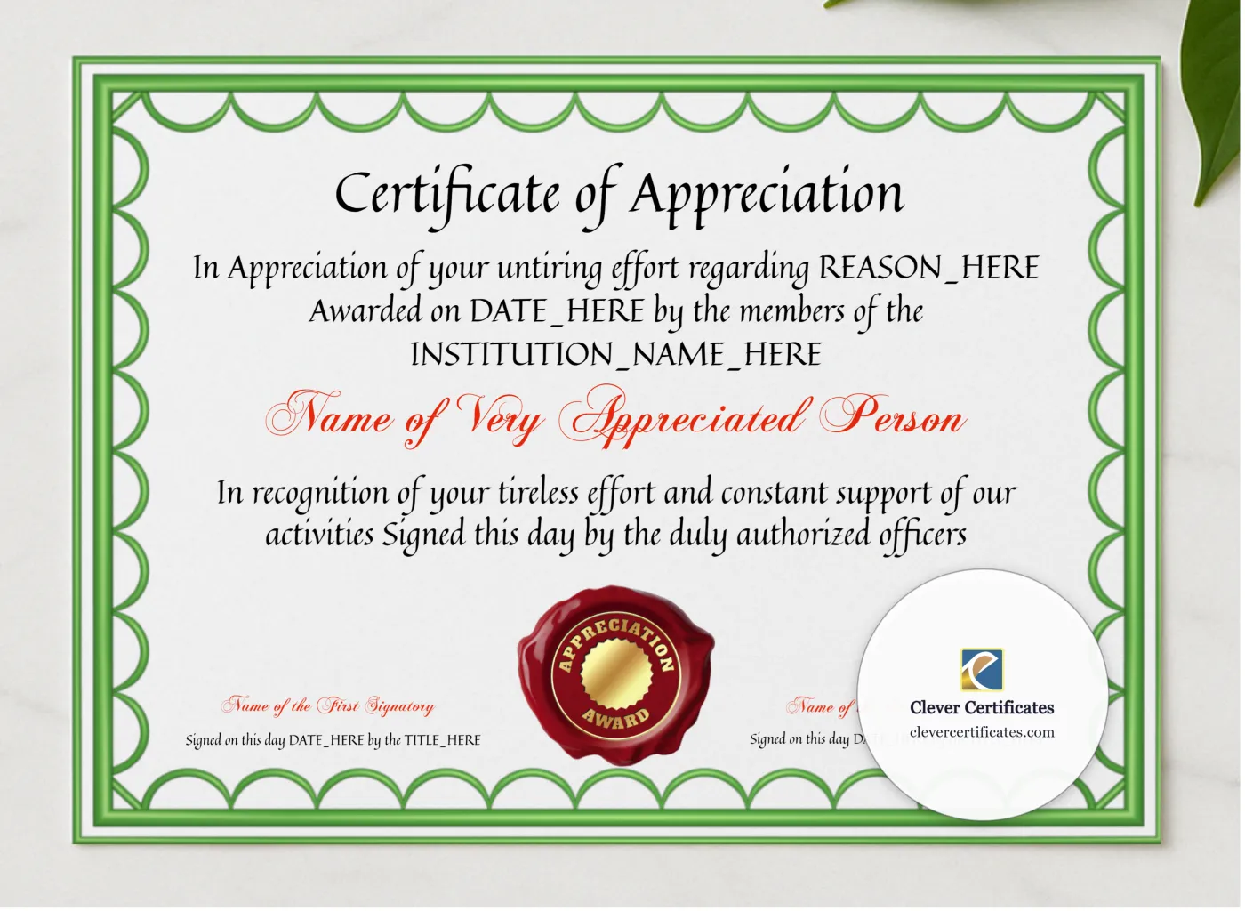Certificate Of Appreciation 3 presented in a sleek wooden frame, elegantly arranged on a stylish table.