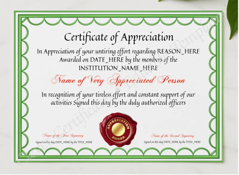 Certificate Of Appreciation 3 presented in a sleek wooden frame, elegantly arranged on a stylish table.