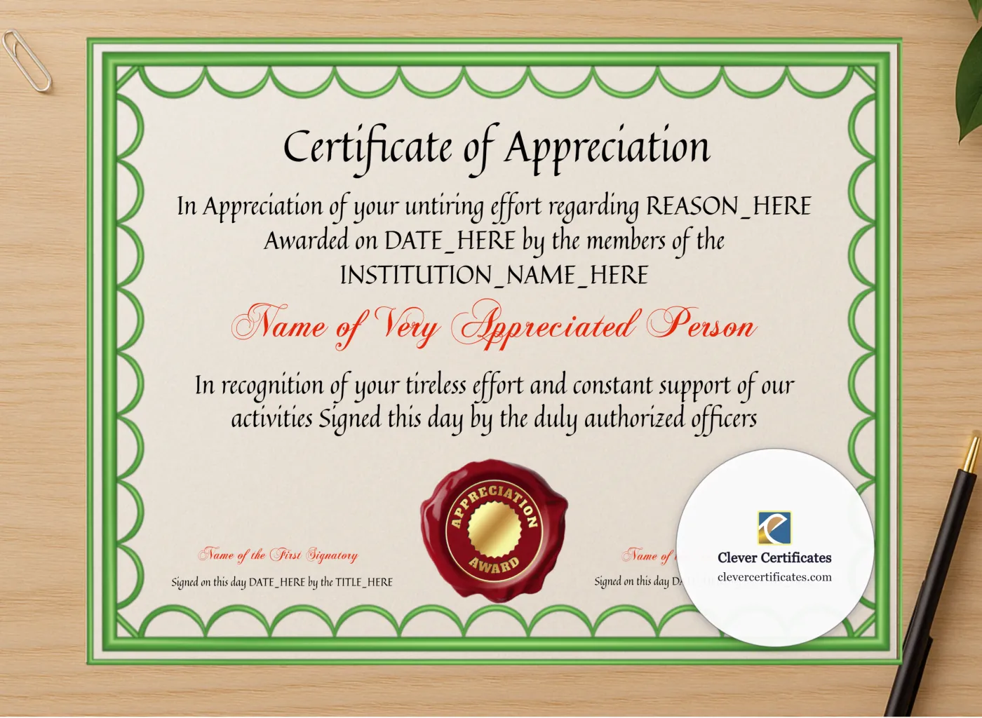 Professional preview of Certificate Of Appreciation 3 certificate on high-quality stationery paper, ideal for showcasing the final look.