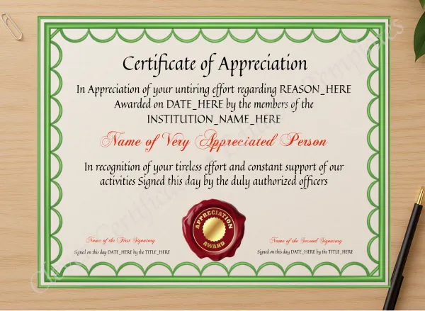 Professional preview of Certificate Of Appreciation 3 certificate on high-quality stationery paper, ideal for showcasing the final look.