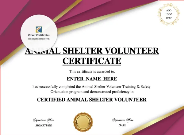 Free Animal Shelter Volunteer Certificate Template
