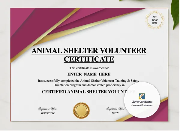 Animal Shelter Volunteer Certificate presented in a sleek wooden frame, elegantly arranged on a stylish table.