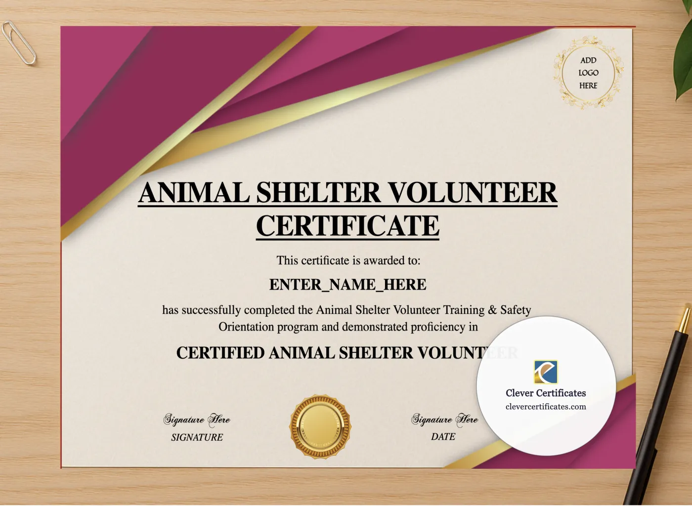 Professional preview of Animal Shelter Volunteer Certificate certificate on high-quality stationery paper, ideal for showcasing the final look.