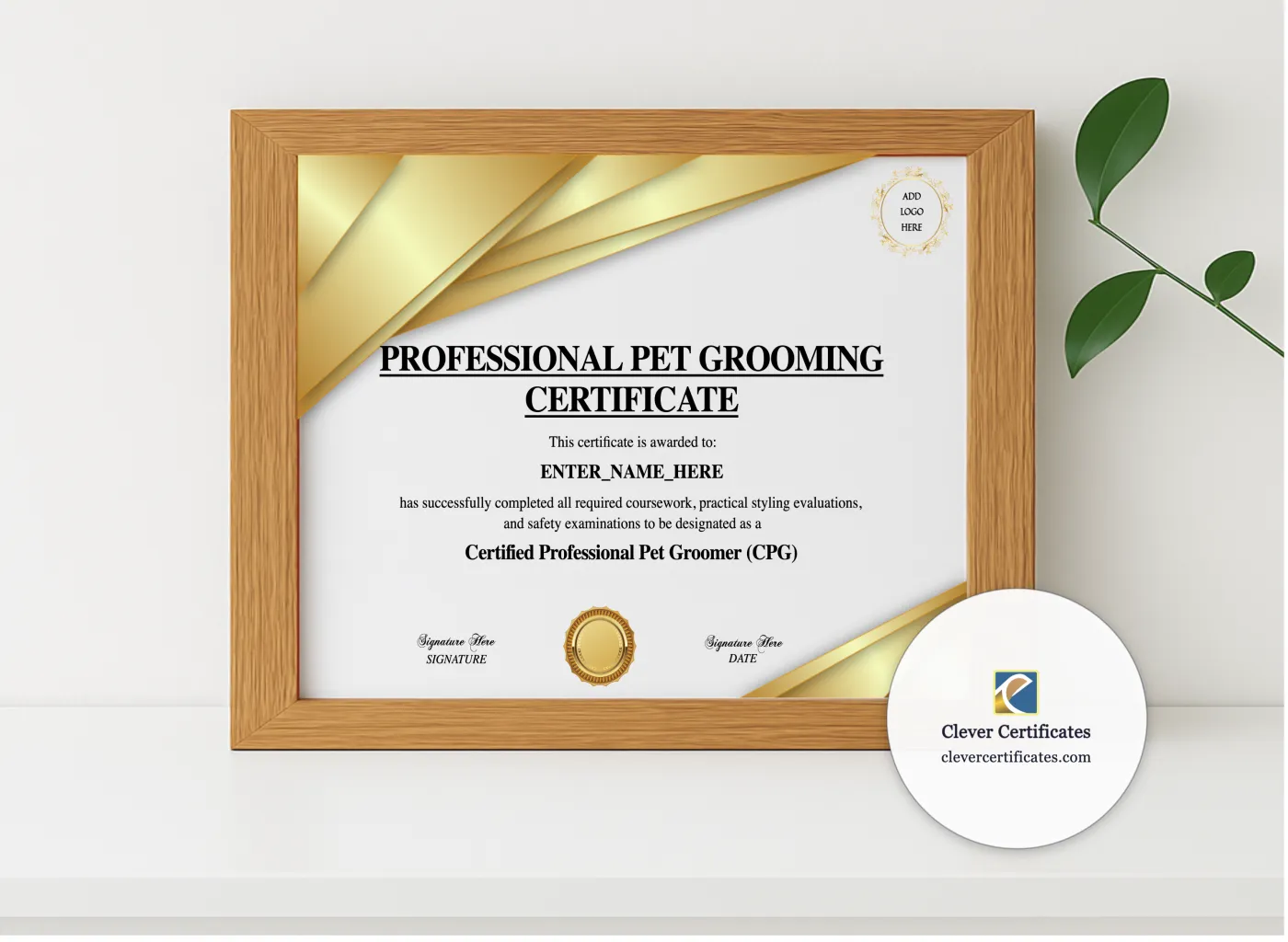 Realistic mockup featuring Professional Pet Groomer Certificate displayed within a modern frame, set against a minimalistic background.