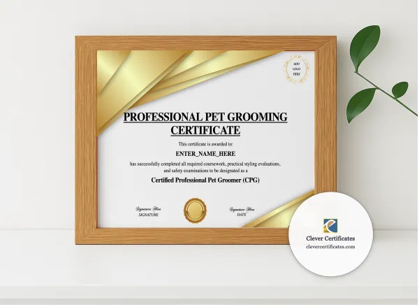 Realistic mockup featuring Professional Pet Groomer Certificate displayed within a modern frame, set against a minimalistic background.