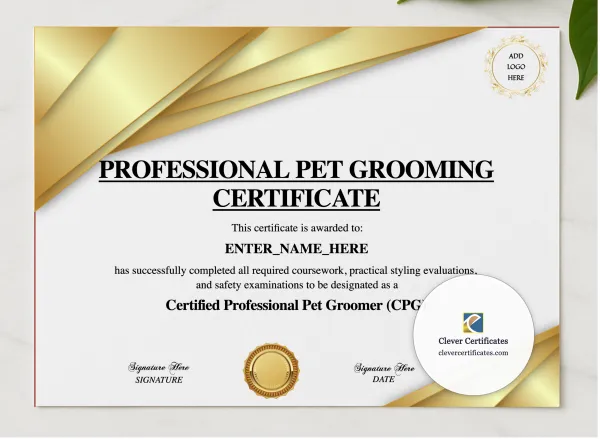 Professional Pet Groomer Certificate presented in a sleek wooden frame, elegantly arranged on a stylish table.
