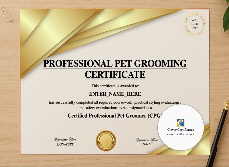 Professional preview of Professional Pet Groomer Certificate certificate on high-quality stationery paper, ideal for showcasing the final look.