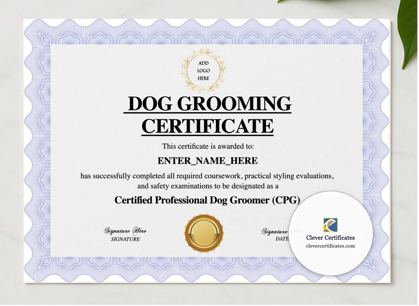 Dog Grooming Training Certificate presented in a sleek wooden frame, elegantly arranged on a stylish table.