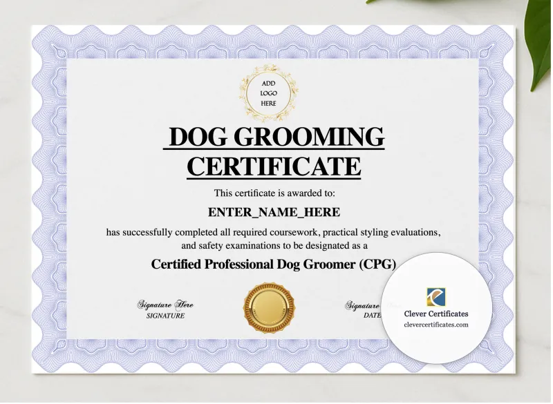 Dog Grooming Training Certificate presented in a sleek wooden frame, elegantly arranged on a stylish table.