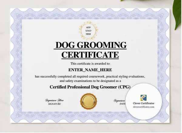 Dog Grooming Training Certificate presented in a sleek wooden frame, elegantly arranged on a stylish table.
