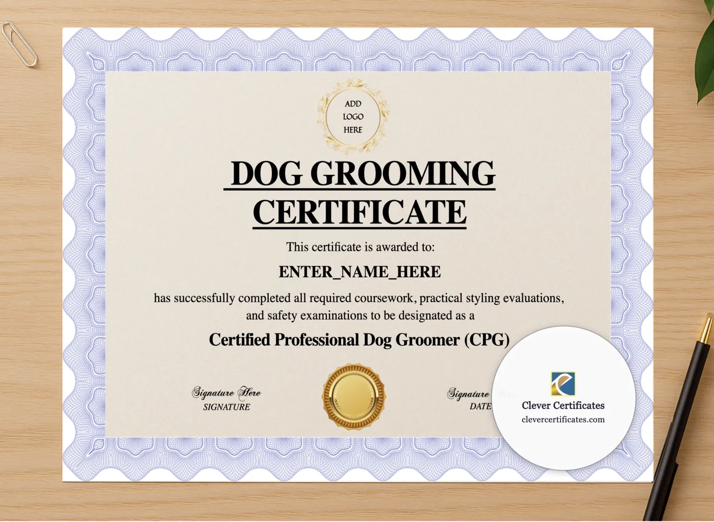 Professional preview of Dog Grooming Training Certificate certificate on high-quality stationery paper, ideal for showcasing the final look.