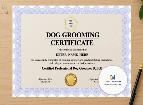 Professional preview of Dog Grooming Training Certificate certificate on high-quality stationery paper, ideal for showcasing the final look.