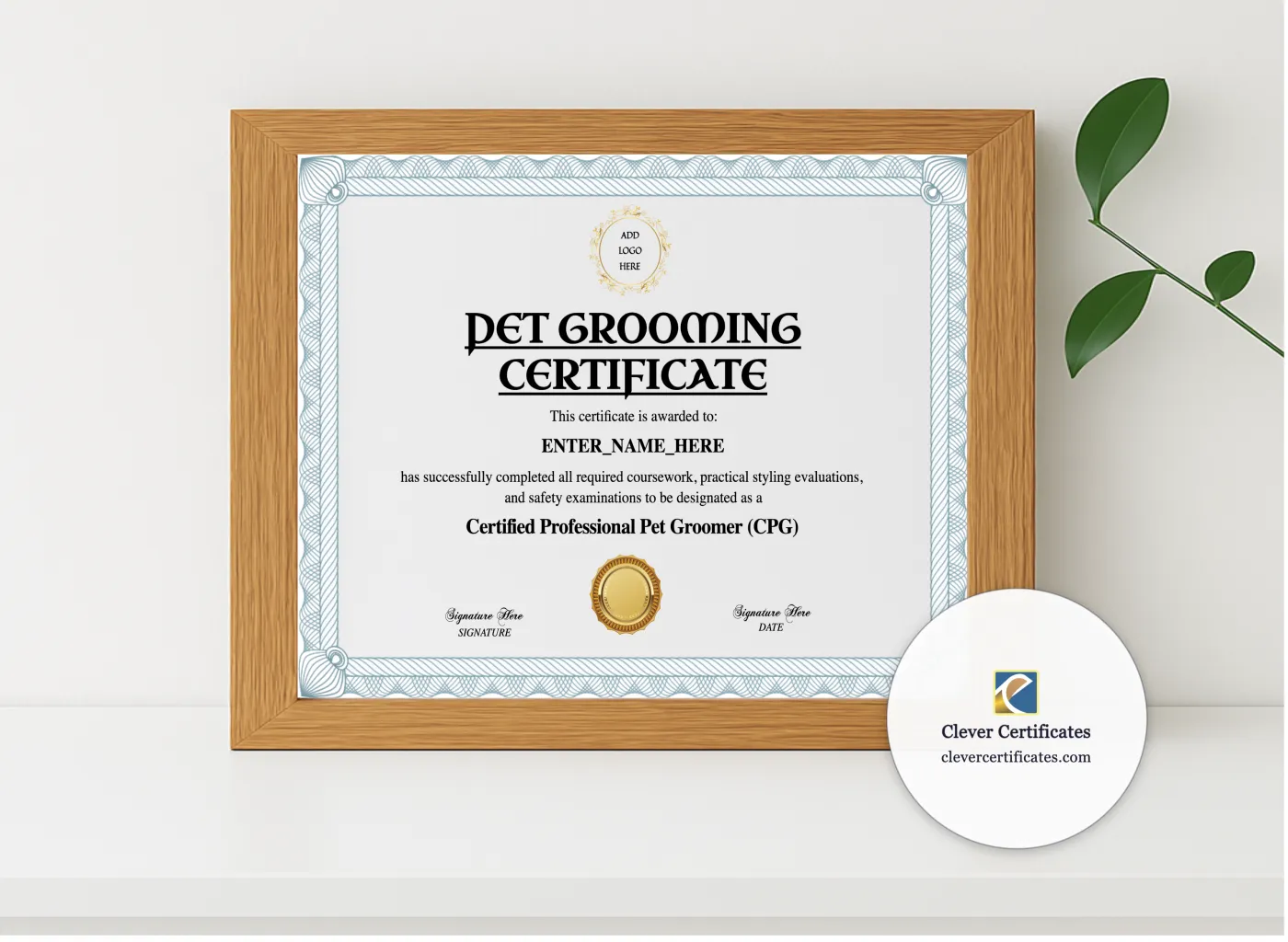 Realistic mockup featuring Certified Pet Groomer Certificate displayed within a modern frame, set against a minimalistic background.