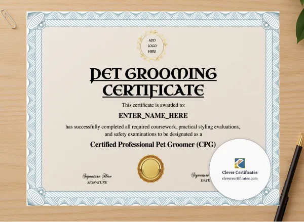 Professional preview of Certified Pet Groomer Certificate certificate on high-quality stationery paper, ideal for showcasing the final look.