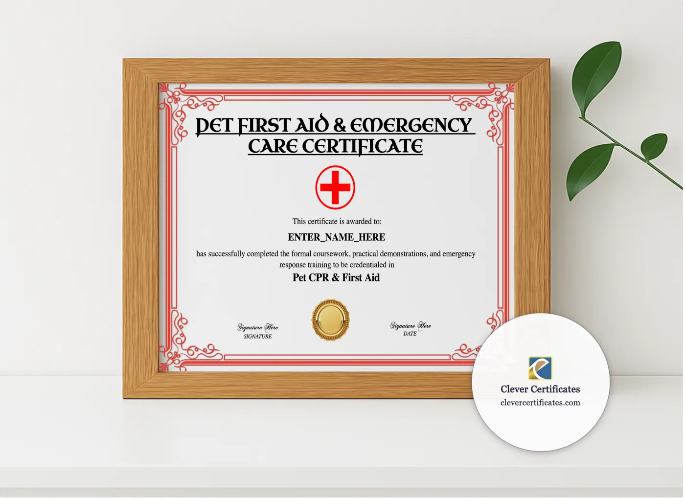 Realistic mockup featuring Pet First Aid Certification Certificate displayed within a modern frame, set against a minimalistic background.