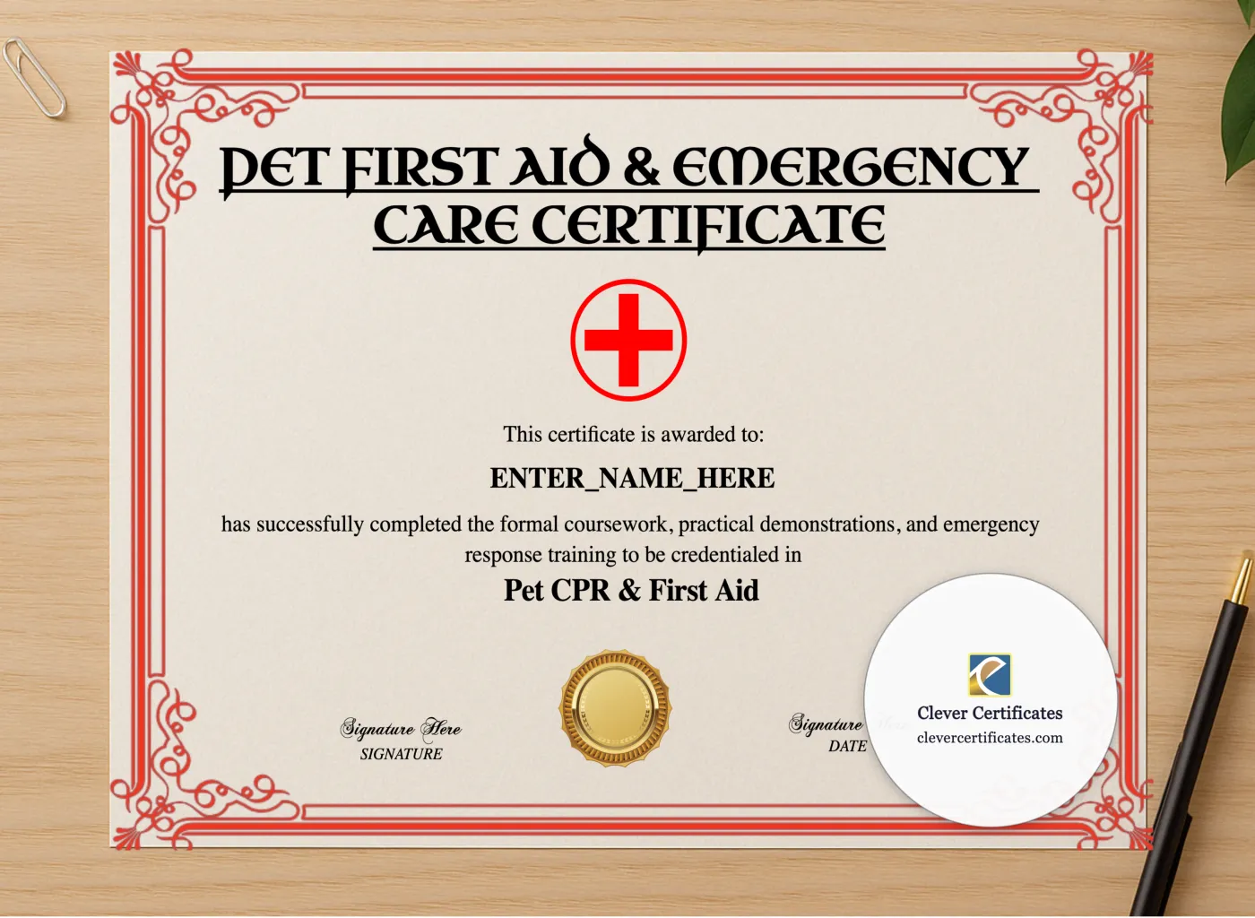 Professional preview of Pet First Aid Certification Certificate certificate on high-quality stationery paper, ideal for showcasing the final look.