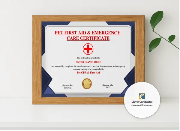 Realistic mockup featuring Pet CPR Certification Certificate displayed within a modern frame, set against a minimalistic background.