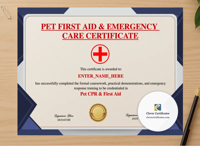 Professional preview of Pet CPR Certification Certificate certificate on high-quality stationery paper, ideal for showcasing the final look.