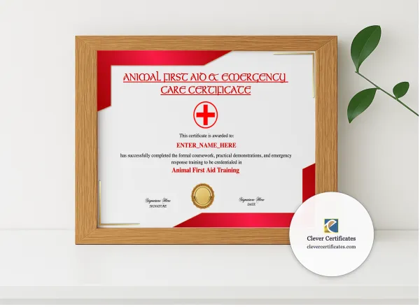 Realistic mockup featuring Animal First Aid Training Certificate displayed within a modern frame, set against a minimalistic background.