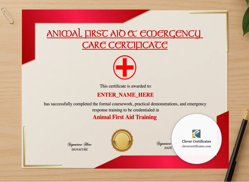 Professional preview of Animal First Aid Training Certificate certificate on high-quality stationery paper, ideal for showcasing the final look.
