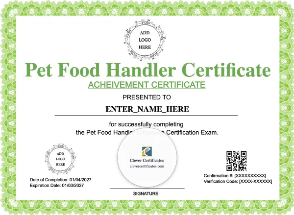 Free Pet Food Handler Certificate Template