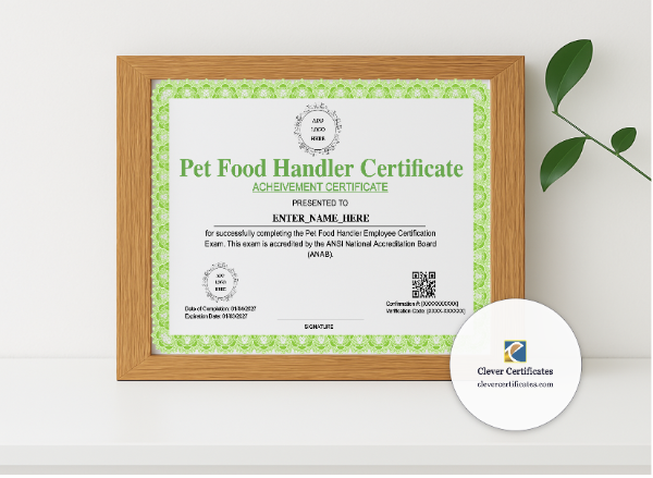 Realistic mockup featuring Pet Food Handler Certificate displayed within a modern frame, set against a minimalistic background.