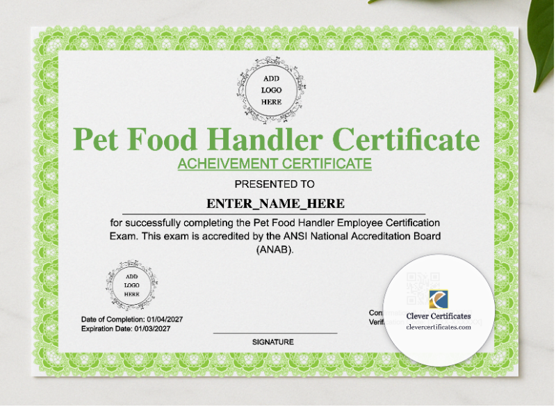 Pet Food Handler Certificate presented in a sleek wooden frame, elegantly arranged on a stylish table.