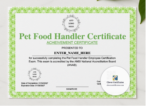 Pet Food Handler Certificate presented in a sleek wooden frame, elegantly arranged on a stylish table.