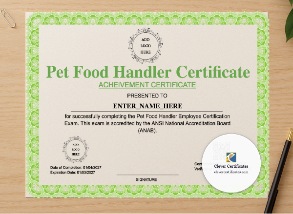 Professional preview of Pet Food Handler Certificate certificate on high-quality stationery paper, ideal for showcasing the final look.
